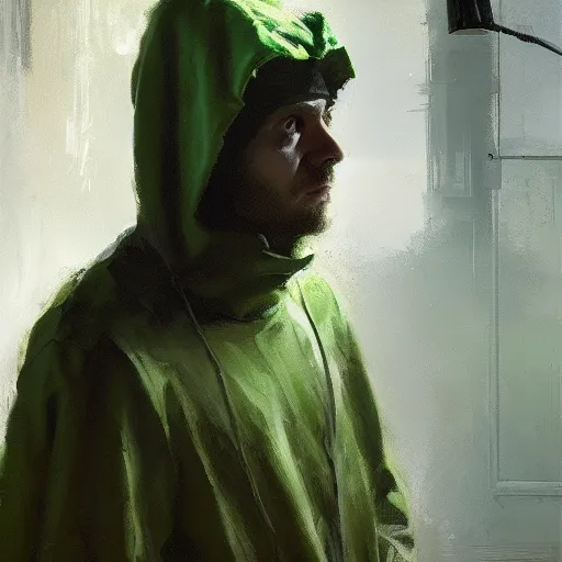 Image similar to portrait of a wondering chad programmer with green hood by jeremy mann, dramatic lighting, close up