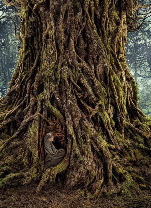 Image similar to a digital 3 d hyperrealistic hyperdetailed ancient tree with an old woman kind face covered with bark and moss, in a dark mysterious dark forest, dramatic mysterious lighting,