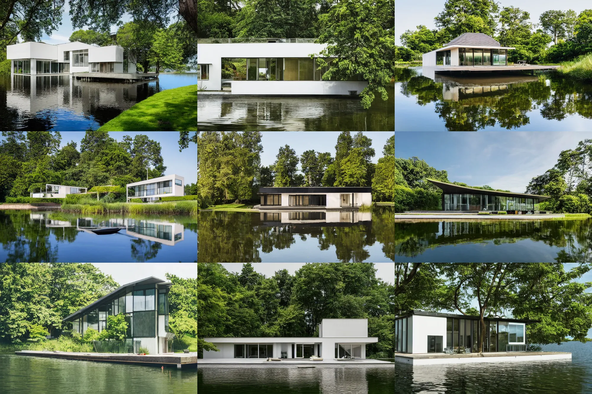 Prompt: architectural digest photo, wide angle, frontal view of house, bauhaus style house by a lake, summer, single floor, flat roof, patio, lush vegetation trees bushes, secluded, calm serene relaxed, small dock, rowing boat, bushes, reflection in water, ultra realistic 8 k