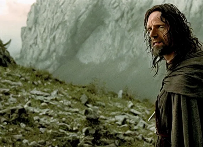 Prompt: film still of bernie sanders as aragorn in lord of the rings movie, 8 k