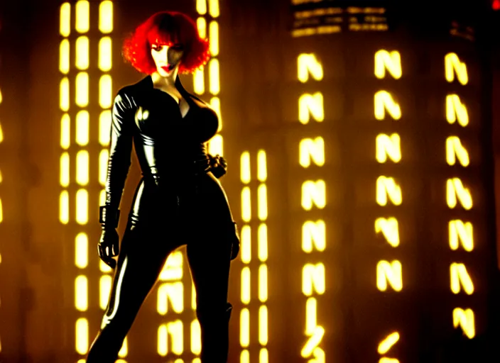 Prompt: filmstill of christina hendricks in bladerunner wearing a cyberpunk costume, 1 0 0 mm lens, canon eos, red cinema camera, frontal view, dynamic pose, intricate, elegant, highly detailed, centered, redshift, octane, smooth, sharp focus, zeiss lens,