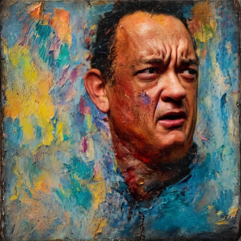 Image similar to colorful Antique tintype of Beautiful warmly lit close up expressionistic oil painting studio portrait of very angry! Tom Hanks yelling, impasto oil painting heavy brushstrokes by Cy Twombly and Anselm Kiefer , trending on artstation dramatic lighting abstract Expressionism