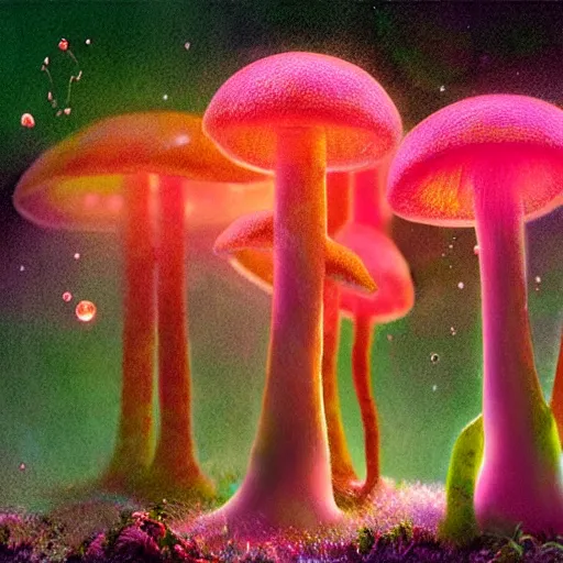 Image similar to luminescent pink and orange mycena fungi, emitting spores, midnight, fantasy art, mysterious, magical, hyperrealistic, detailed, soft lighting, fireflies