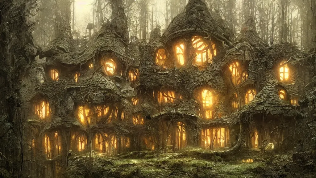 Image similar to a magical house in a forest, spirals, high detail, digital art, painted by greg rutkowski, painted by seb mckinnon, trending on artstation