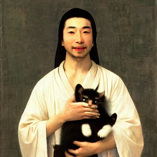 Image similar to A beautiful young Asian man with long shiny hair, light skin color and big green eyes in a beautiful traditional Chinese robe, holding a white fluffy kitten and watching dolphins playing in the pool, he is a prince and a serious person but is smiling, by Johannes Vermeer, Frank Frazetta and William Adolphe Bouguereau, fantasy, trending on artstation, amazing details, mtg, digital painting, concept art