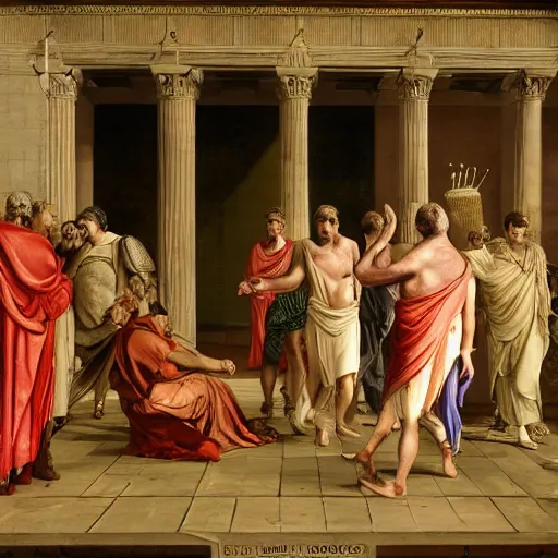 Prompt: a photograph of the last moments of julius caesar's life, realism, realengine