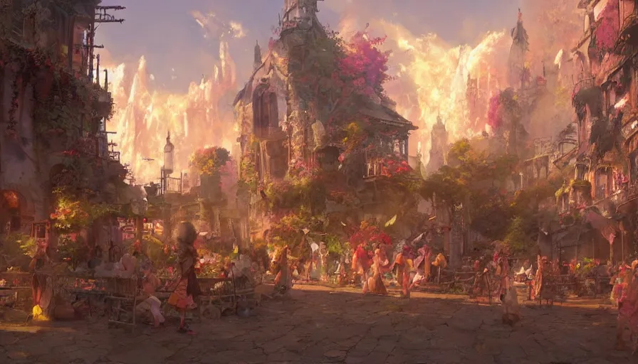 Image similar to craig mullins and ghibli digital illustration of a festival in the medieval city of the fae, faeries, fanciful, colorful, unreal engine, hyper realism, realistic shading, cinematic composition, realistic render, octane render, detailed textures, photorealistic, wide shot,