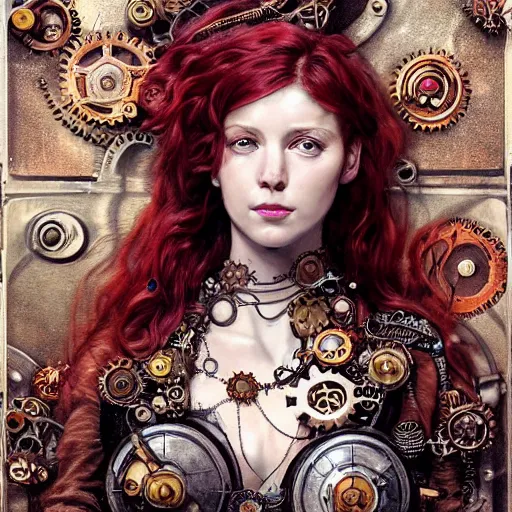 Prompt: A steampunk beautiful goddess, she is redhead, she is embellished with gears wheels and gemstones, by William Holman Hunt, Greg Rutkowski, Stanely Artgerm, Tooth Wu, Peter Gric, Aaron Horkey, trending on Artstation, digital art, mythological, symmetrical artwork, cinematic lighting, hyper realism, high detail, octane render, ultra realistic, golden ratio, 4k, 8k