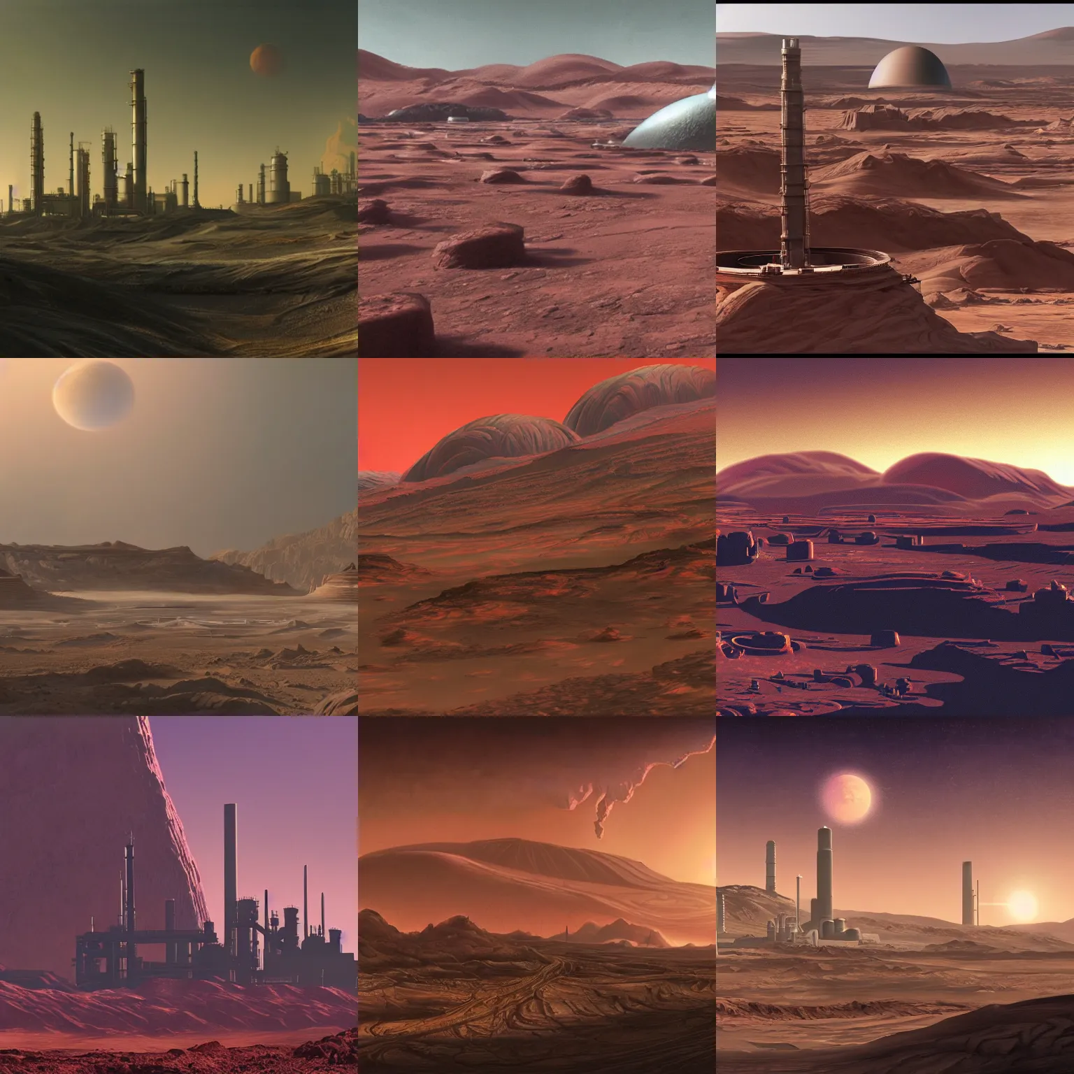 Prompt: a matte painting of a Martian landscape with a shiny metallic refinery in the background
