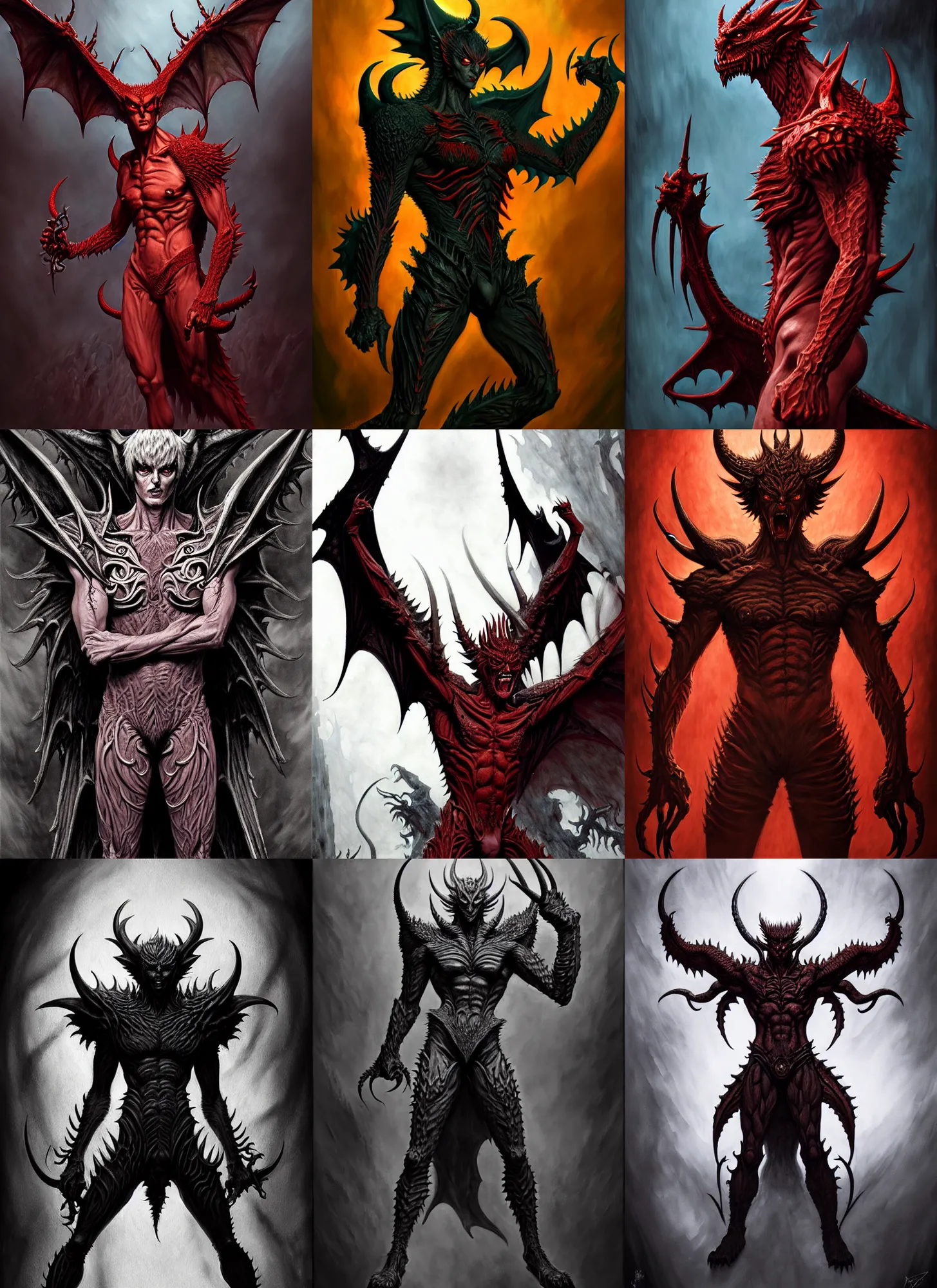 Prompt: full body savage devilman, simplify stylized intricate skin pattern, full body, wearing dragon armor, hyper realistic, extremely detailed, dnd character art portrait, dark fantasy art, intricate fantasy painting, dramatic lighting, vivid colors, highly detailed, deviant art, artstation, by edgar maxence and michael whelan and delacroix and norman rockwell