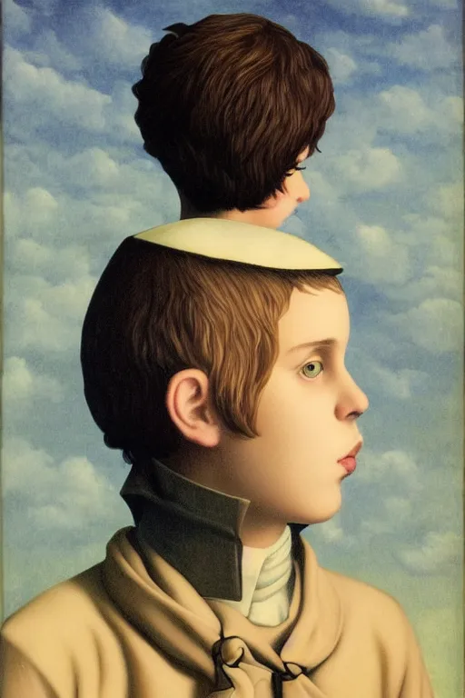 Image similar to portrait of beautiful young gothic boy whit readhead, some cyber, the middle ages, highly detailed, artstation, illustration, art by rene magritte