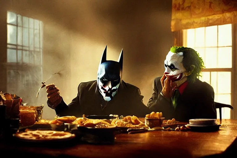 Image similar to morning light, highly detailed portrait of Batman eating breakfast, the head of the joker is placed on the table, atmospheric lighting, masterpiece, award winning painting by Emmanuel Lubezki