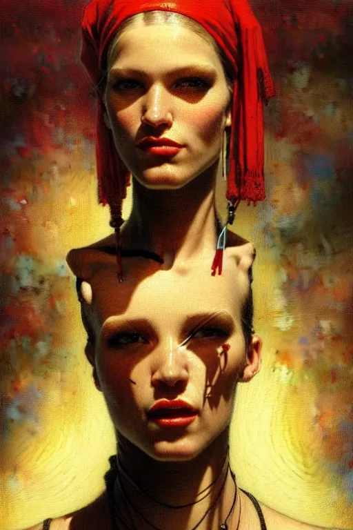 Image similar to full character portrait max mad cyberpunk warhammer 4 0 k, medic sapper not the girl with the pearl earring character design, painting by gaston bussiere, katsuya terada, nc wyeth, greg rutkowski, craig mullins, vermeer, frank frazetta, mucha, tom of finland, trending on artstation, jeffery catherine jones