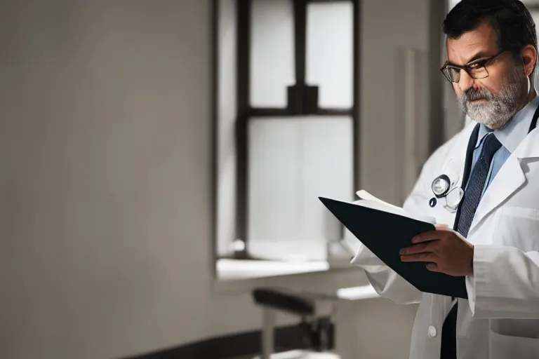 Image similar to a cinematic shot of an doctor reading his notes, talking to a patient, moody lighting, action, movie still, shallow depth of field, muted colors