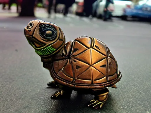 Prompt: a steampunk time traveling tortoise teleporting into the future