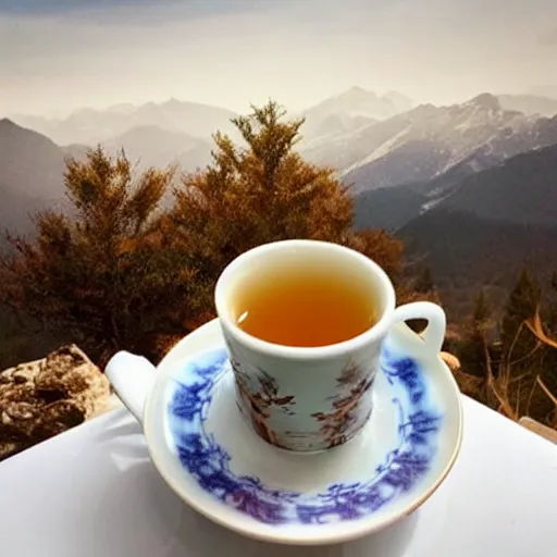 Prompt: an ordinary cup filled with tea with beautiful background of mountains