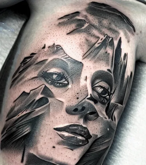 Image similar to realism tattoo sketch of a isabelledeltore face double exposure mountain scenery, in the style of matteo pasqualin, amazing detail, sharp, faded