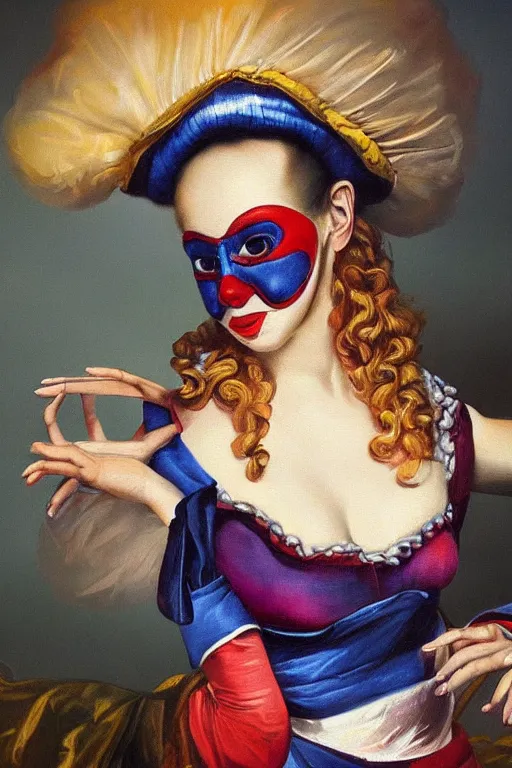 Image similar to hyperrealism oil painting, close - up portrait of commedia dell'arte fashion woman model, gradient mixed with nebula sky, in style of baroque