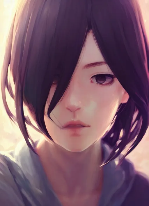 Image similar to portrait of a girl with a square hairstyle, short bangs, wonderful eyes, complex, applied to tone, ambient lighting, high detail, digital painting, artstation, concept art, 4 k, stunningly beautiful, clear focus, makoto shinkai and akihiko yoshida, hidari and vlop