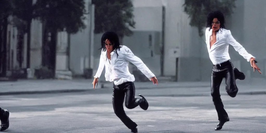 Image similar to leaked photo of Michael Jackson running down street, ultra realistic, 4K, movie still, UHD, sharp, detailed, cinematic, render, modern