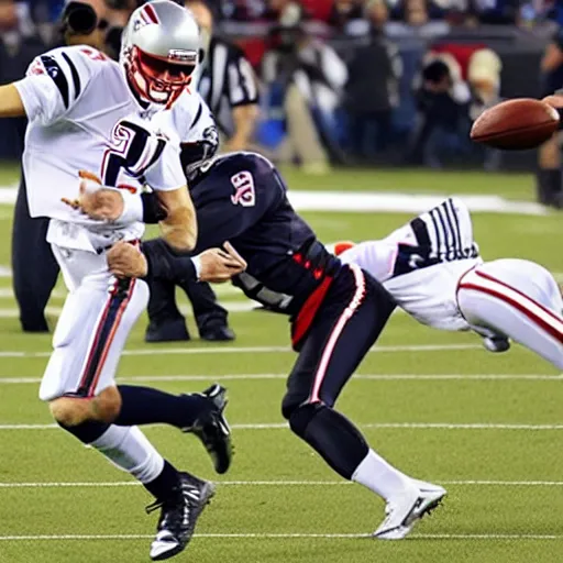 Prompt: Quarterback Tom Brady getting decapitated by a vicious football tackle