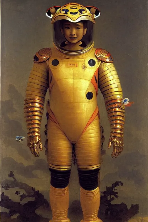 Image similar to portrait of a tiger astronaut with chinese dragon armor and helmet, majestic, solemn, by bouguereau