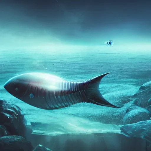 Image similar to vanishing perspective view of an alien fish swimming on the ocean bed, deep blue ocean color, some plant life, alien landscape, cinematic perspective, cinematic lighting, matte painting, detailed, sci - fi