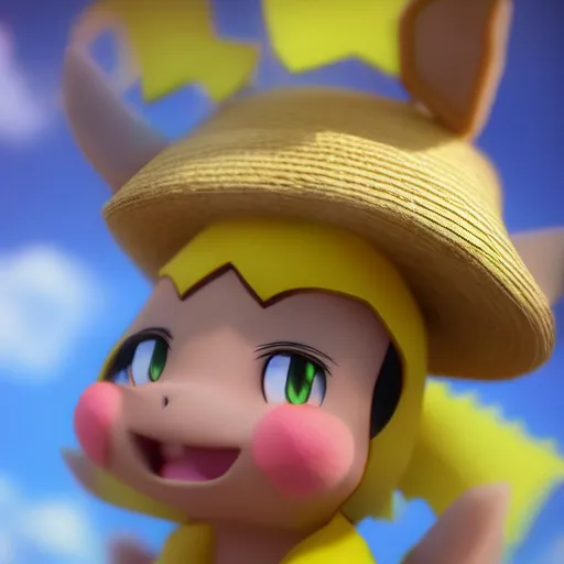 Prompt: nymph render of a very cute Pichu wearing straw hat pokemon, adorable eyes, cute smile, full round face, bright sunny time, serene forest setting, medium shot, mid-shot, highly detailed, trending on Artstation, Unreal Engine 4k