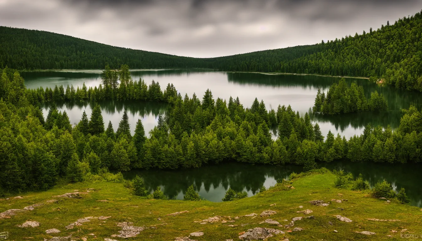 Image similar to eastern european, small lake view from hill shore, national park, nature, atmospheric, ambient vibe, very detailed, high resolution, 8 k