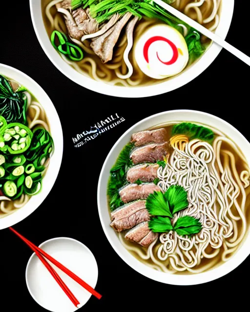 Prompt: realistic photo of delicious pho, ramen, bowl, white kitchen table, cloth, highly detailed, by marc haydon, kailee mandel, masterpiece, award winning, food photography