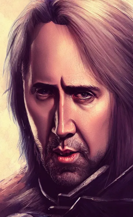 Prompt: nicolas cage as the witcher, highly detailed, digital painting, artstation, concept art, smooth, sharp focus, illustration, art by artgerm and alphonse mucha, high definition digital art, in the style of ilya kuvshinov and Ross tran