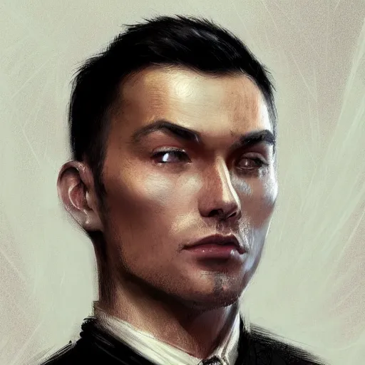 Image similar to Portrait of a man by Greg Rutkowski, he is about 30 years old, mixture between russian and chinese, short black hair, attractive, smart looking, he is wearing a black futuristic lawyer outfit, highly detailed portrait, scifi, digital painting, artstation, concept art, smooth, sharp foccus ilustration, Artstation HQ
