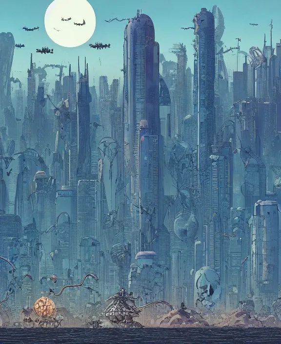 Image similar to simplicity, city skyline made out of sea slugs, in the style of a spaceship, skeletons, partly cloudy, spooky, dramatic lighting, by geof darrow, bill sienkiewicz, dan mumford, yusuke murata, makoto shinkai, ross tran, cinematic, unreal engine, cel shaded, featured on artstation, pixiv