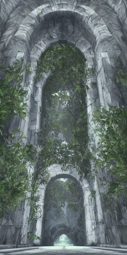 Image similar to entrance to ethereal realm, rendered in unreal engine, central composition, symmetrical composition, depth of field