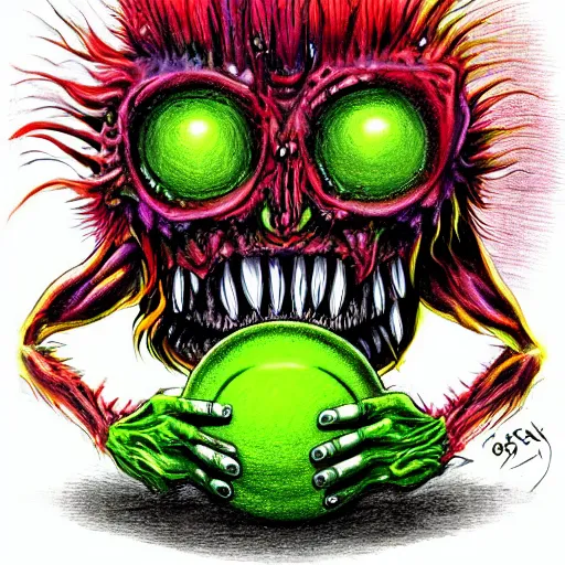 Prompt: a tennis ball monsters, devil colorful, digital art, fantasy, magic, chalk, trending on artstation, ultra detailed, professional illustration by basil gogos