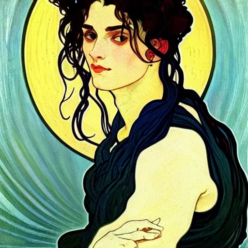 Image similar to painting of handsome beautiful dark medium wavy hair woman in his 2 0 s, dressed as an oracle, foreseeing the future, elegant, clear, painting, stylized, delicate, soft facial features, art, art by alphonse mucha, vincent van gogh, egon schiele