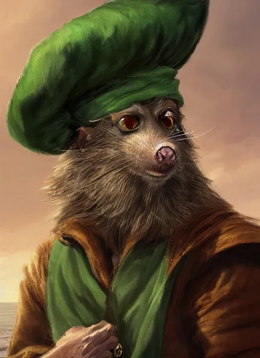 Image similar to mutant rat, bearded, serious, mean eyes, wearing jewelry, tricorne hat, green robe, d & d, digital art, detailed face, highly detailed, trending on artstation, 4 k, sea in the background, art by greg rutkowski