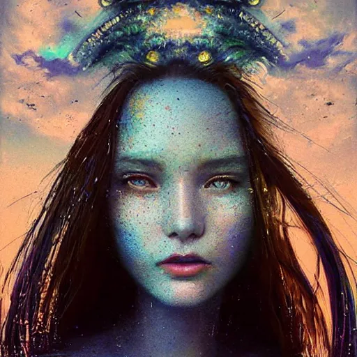 Prompt: 3 d, sci - fi, close - up, morning, smiling fashion model face, sun, cinematic, clouds, sun rays, vogue cover style, poster art, blue mood, realistic painting, intricate oil painting, high detail illustration, small roses, figurative art, multiple exposure, poster art, by tooth wu and wlop and beeple and greg rutkowski