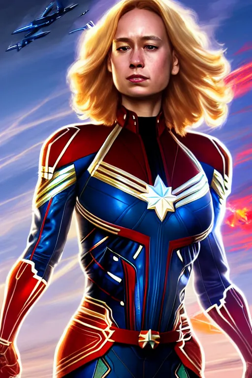 Image similar to genetically augmented super soldier CAPTAIN MARVEL as a male, pale skin curly blond hair, fantasy, intricate, elegant, highly detailed, digital painting, artstation, concept art, matte, sharp focus, illustration, art by Artgerm and Greg Rutkowski and Alphonse Mucha