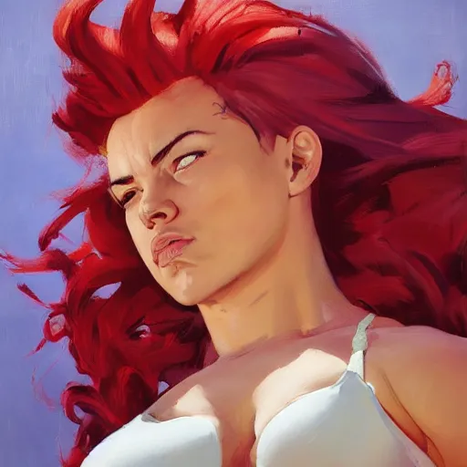 Image similar to greg manchess portrait of sleeping thick muscular weightlifter zarya from overwatch with ponytail and red hair played by scarlett johansson, medium shot, asymmetrical, profile picture, organic painting, sunny day, matte painting, bold shapes, hard edges, street art, trending on artstation, by huang guangjian and gil elvgren and sachin teng