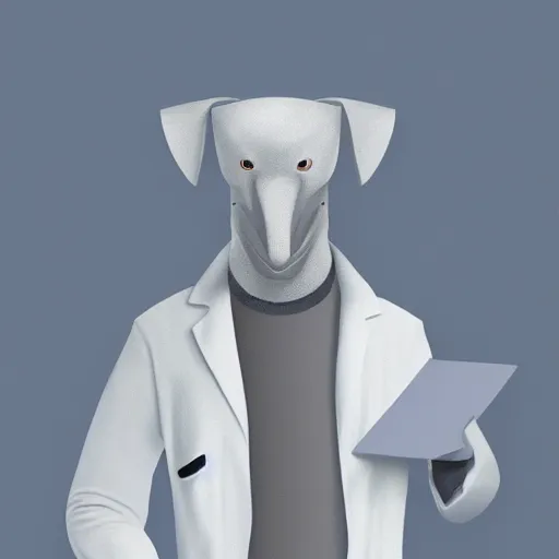 Image similar to An anthropomorphic grey dolphin wearing a white lab-coat, digital painting, close-up