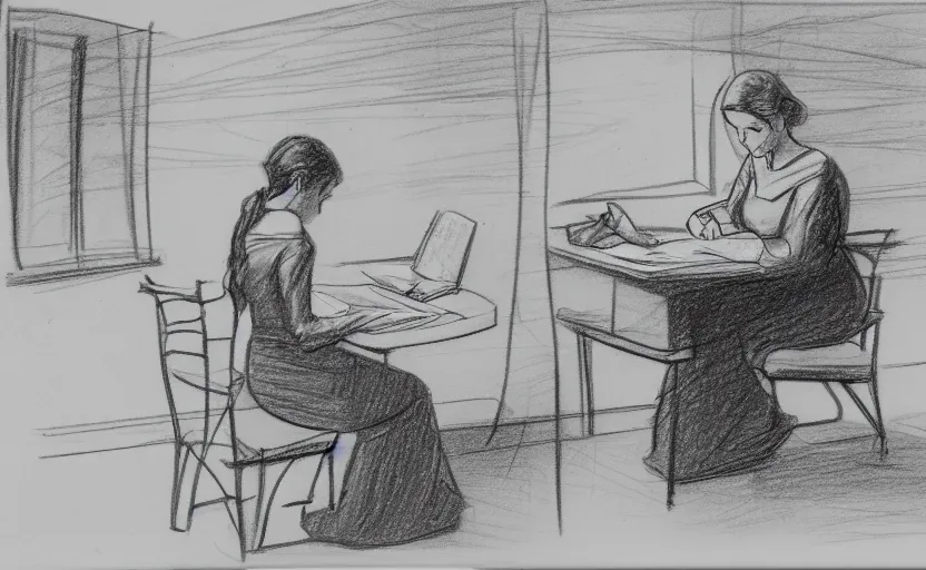 Prompt: pencil sketch. storyboard panel. young woman sitting at a table. reading a newspaper. extremely detailed. 4 k.