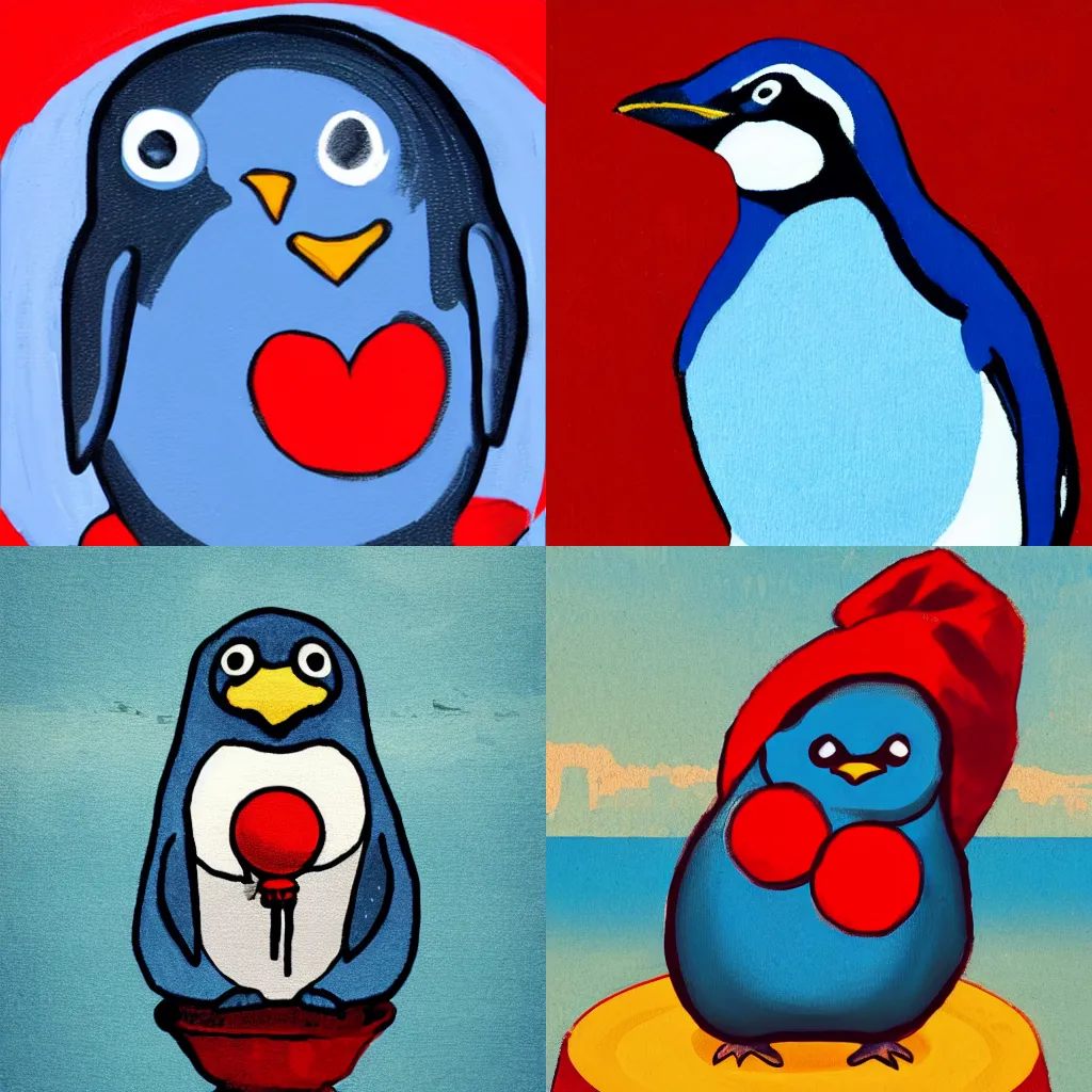 Prompt: a blue penguin sitting on top of a red ball, artistic painting, in the style of Robert Kirkman”