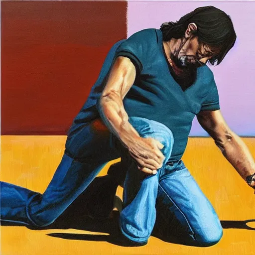 Prompt: “ Roger Waters and Eric Clapton kneeling before Mark Knopfler, oil painting, 4k”