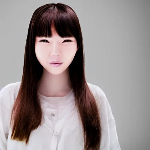 Prompt: a manically smiling female korean human face with hypnotizing souless eyes, uncanny valley, disturbing, weird,