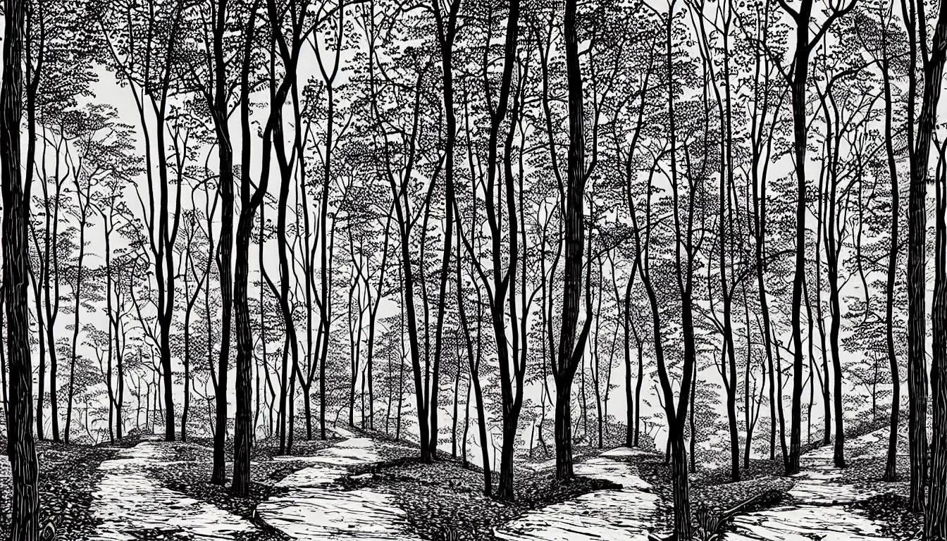 Prompt: hiking trail beneath trees by dan mumford and peter doig and edward hopper, symmetrical, minimal, black ink, thick lines highly detailed, muted colours 8 k