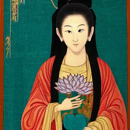 Image similar to portrait of 2 different asian looking girls close up one look away one is holding lotus flower in iconography style theophanes the greek glitter chinese ornament dress swan