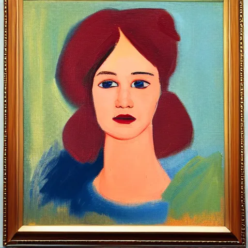 Image similar to Jennifer Lawrence. Oil on canvas portrait by Alex Jawlensky.