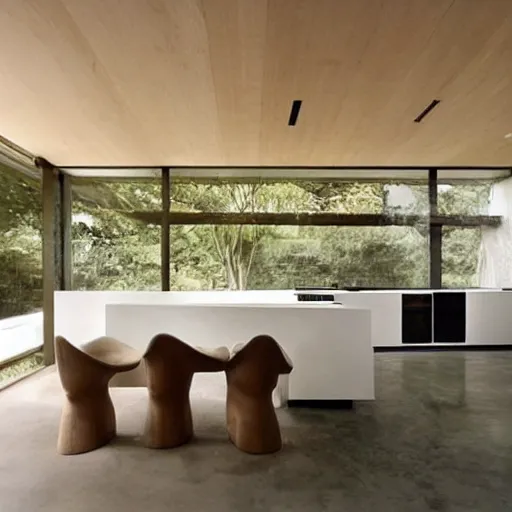 Image similar to “extravagant luxury modern kitchen, interior design, natural materials, fresh flowers in a vase, a fruit bowl, by Tadao Ando and Koichi Takada”