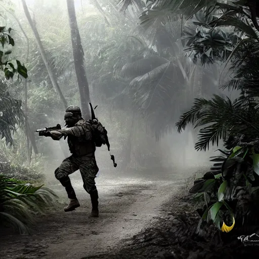 Image similar to Mercenary Special Forces soldier in light grey uniform with black armored vest and helmet launching an ambush attack in the jungles of Tanoa, combat photography by Feng Zhu, highly detailed, excellent composition, cinematic concept art, dramatic lighting, trending on ArtStation